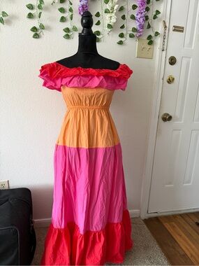Off-Shoulder Colorblock Maxi Dress in Pink, Orange & Red